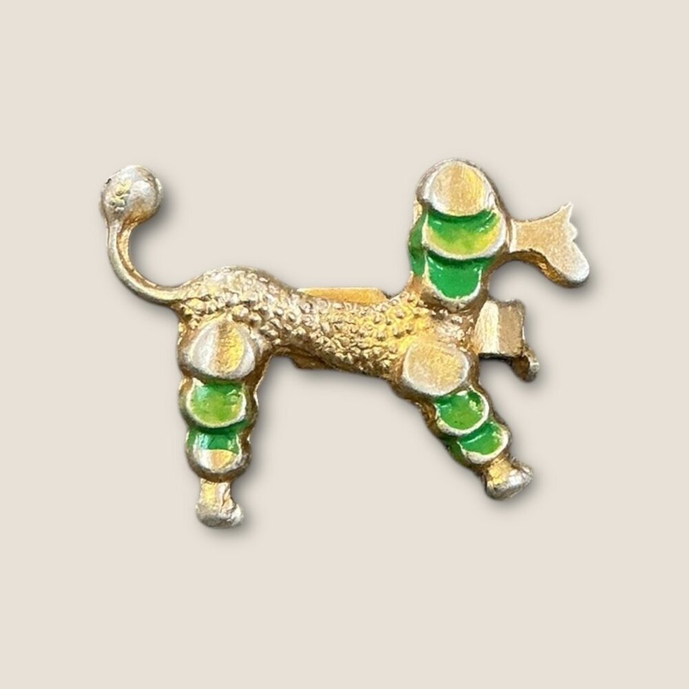 Vintage Gold-Tone Poodle Scatter Pin Brooch With Green Enamel Accents 1" X 0.5"